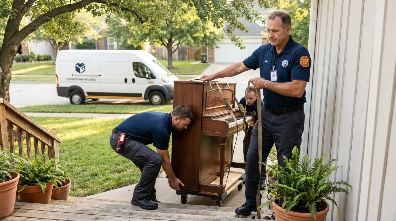 Licensed piano movers securing grand piano in Campbell, CA