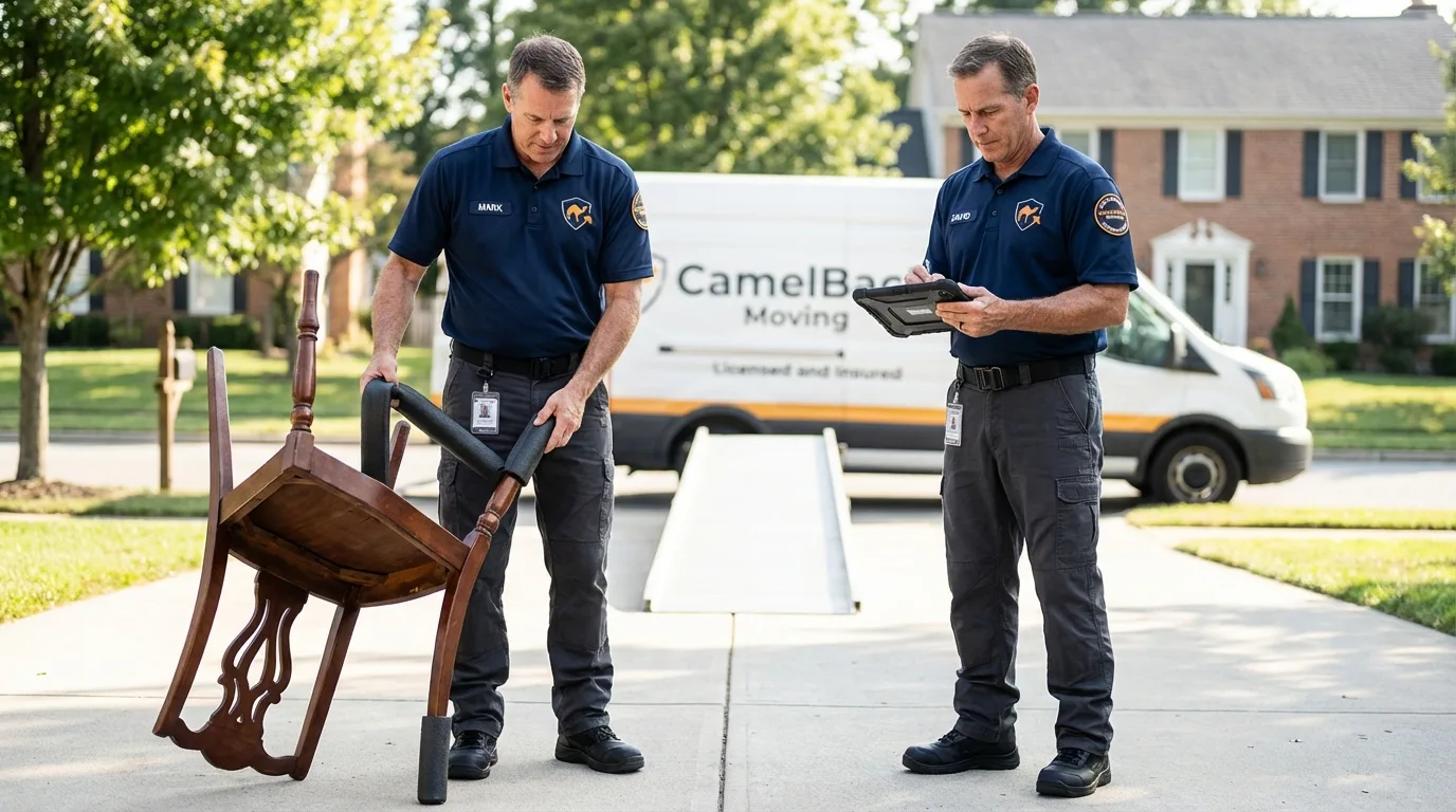 Movers inspecting furniture for damage prevention before loading in Campbell, CA