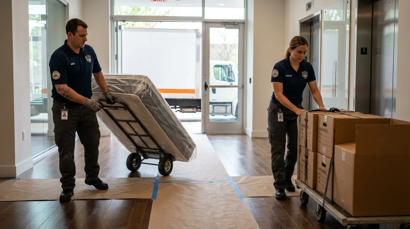 Professional apartment movers loading elevator in Campbell, CA